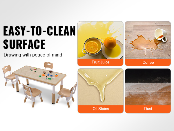 VEVOR kids table and chairs set with easy-to-clean surface, handles spills like fruit juice, coffee, oil, dust.