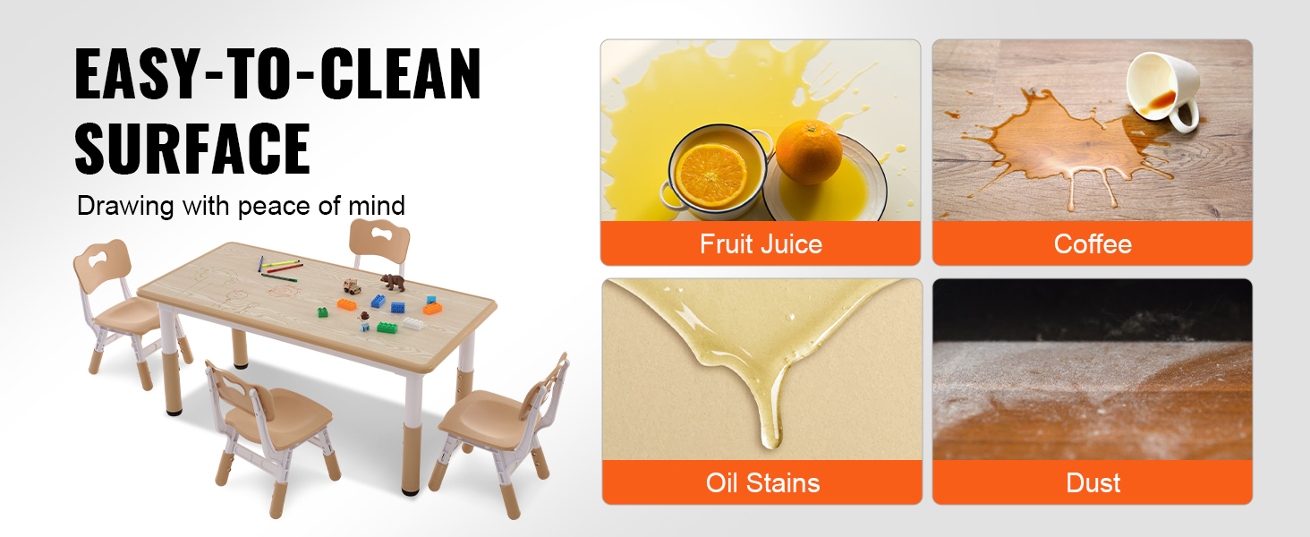 VEVOR kids table and chairs set with easy-to-clean surface, handles spills like fruit juice, coffee, oil, dust.
