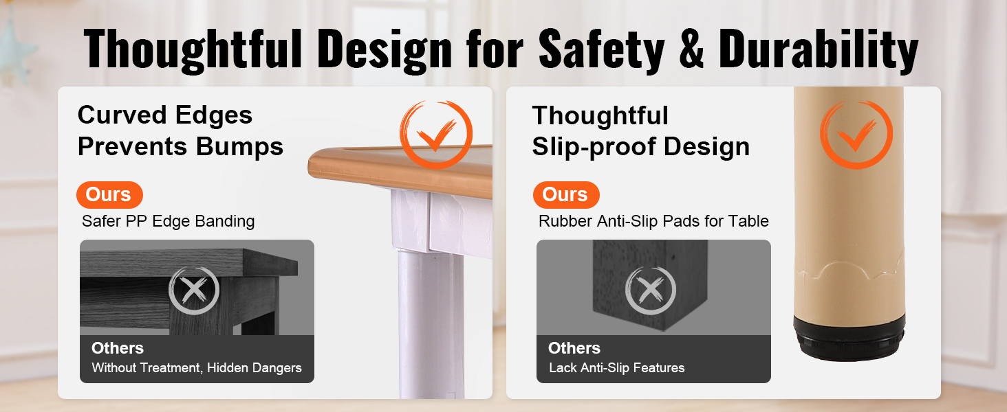 VEVOR kids table and chairs set features curved edges and slip-proof design for enhanced safety.