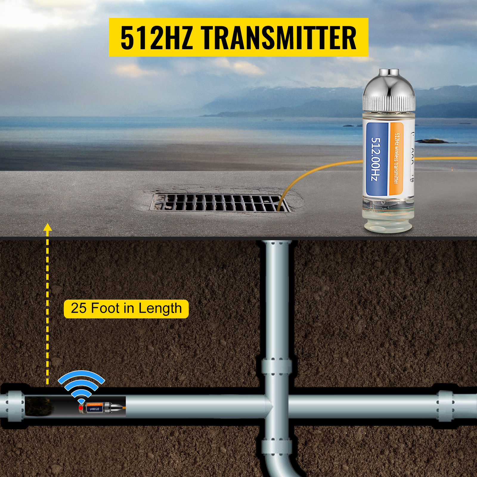 VEVOR drain locator with 512hz transmitter tracing 25-foot underground pipe length.
