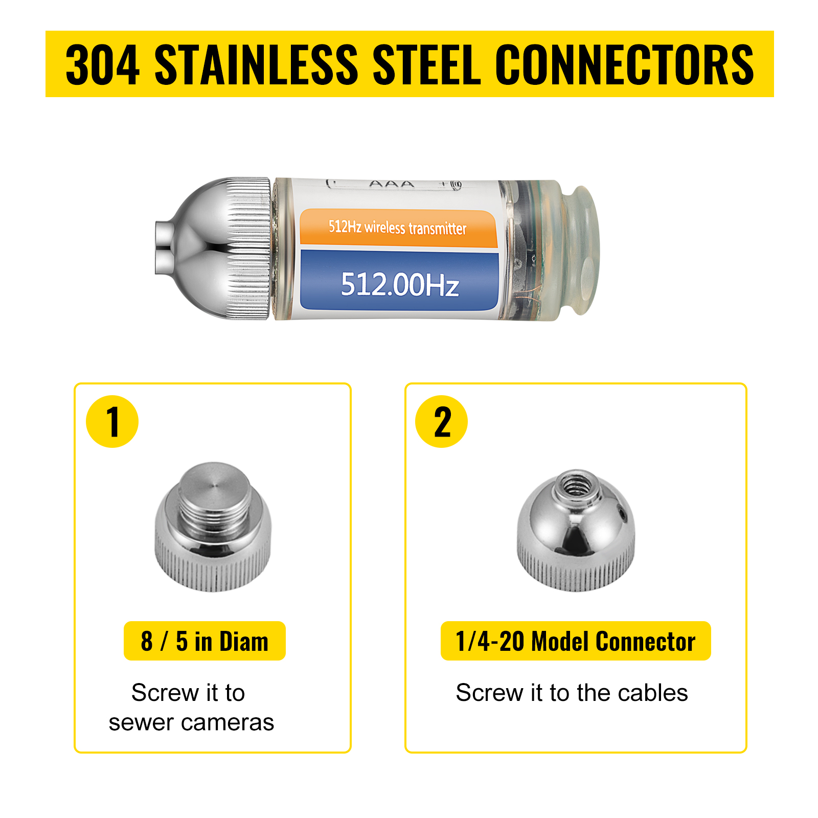 VEVOR drain locator with 304 stainless steel connectors, 512hz transmitter, and model adapter.