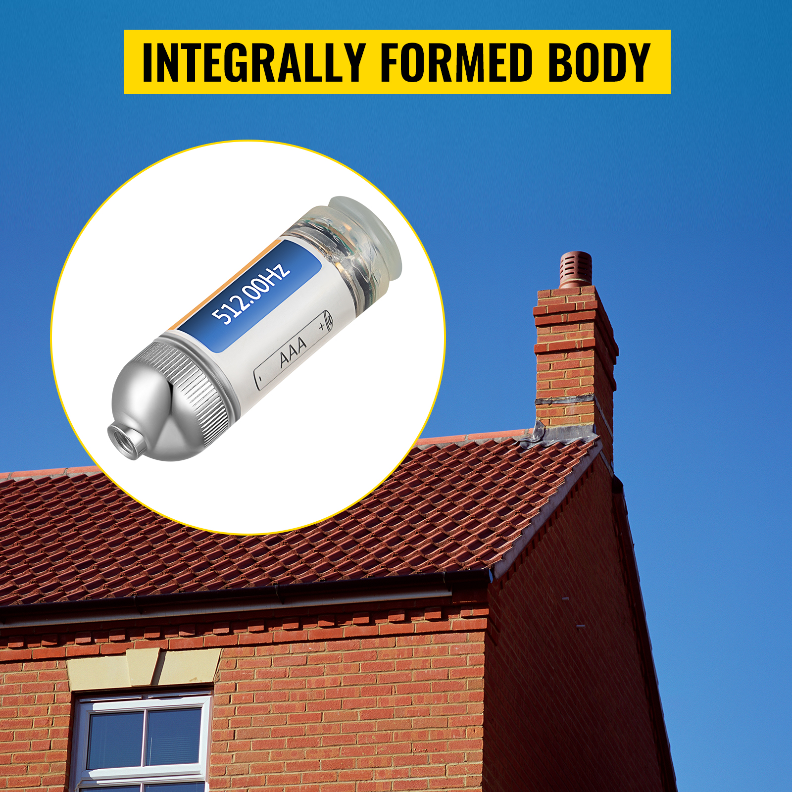 VEVOR drain locator with integrally formed body on a building background.