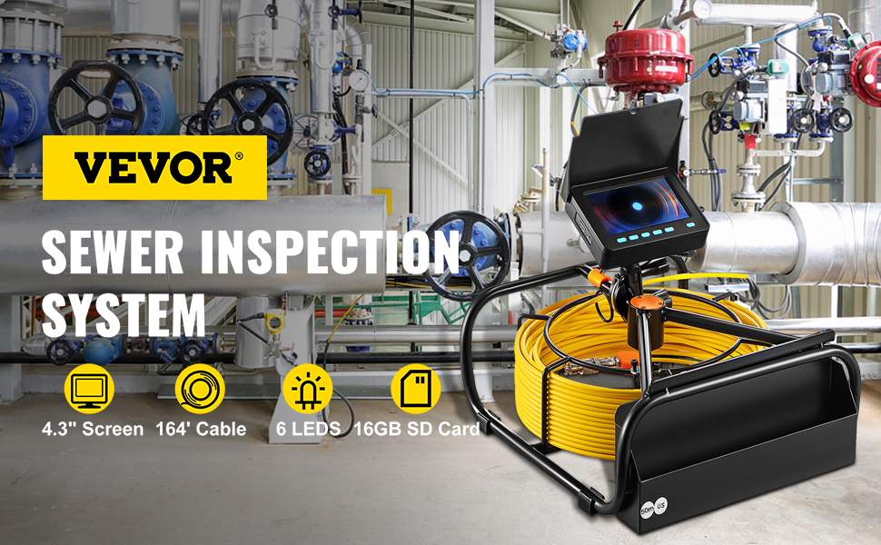 VEVOR sewer camera with 4.3" screen, 164' cable, 6 leds, and 16gb sd card in industrial setting.