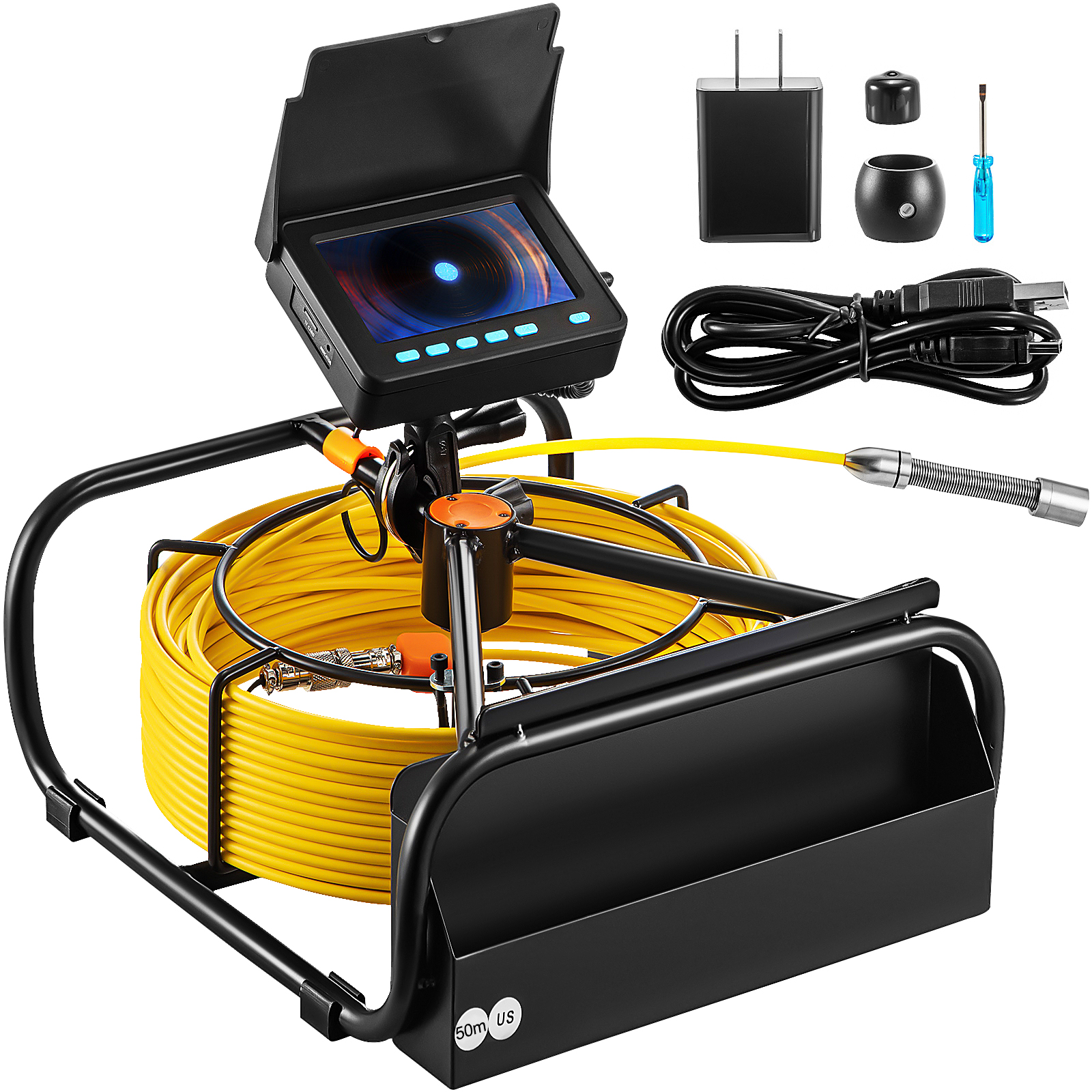 VEVOR sewer camera with yellow cable, monitor, and accessories kit.