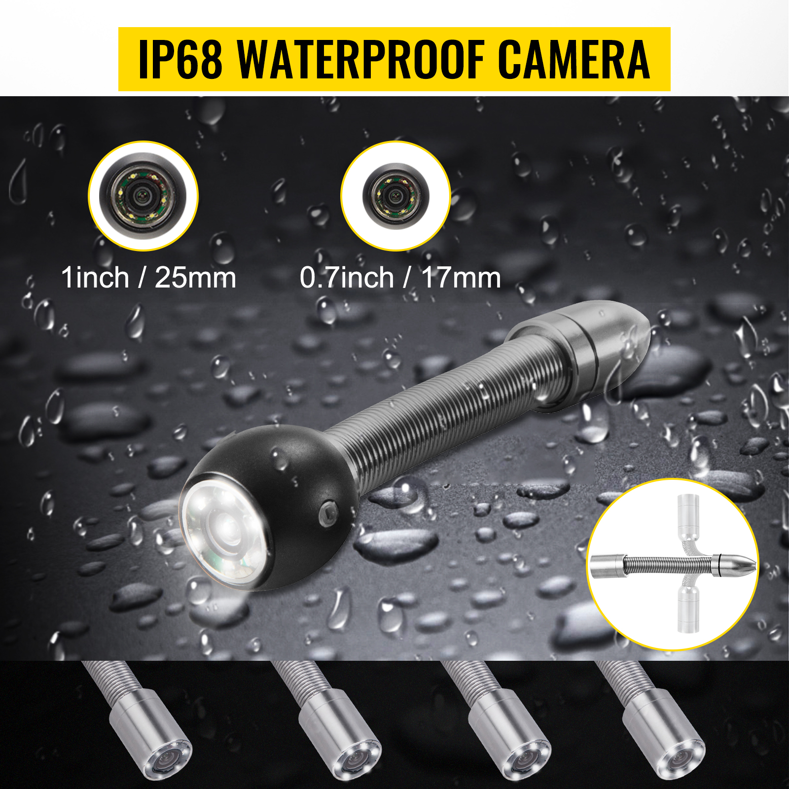 VEVOR sewer camera, ip68 waterproof with adjustable sizes, shown in wet conditions.