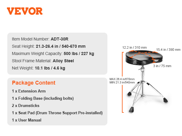 VEVOR drum throne adt-30r with adjustable seat height and alloy steel frame, package contents listed.
