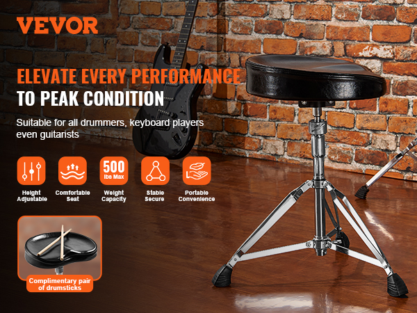 VEVOR drum throne with adjustable height, padded seat, and complimentary drumsticks. suitable for musicians.
