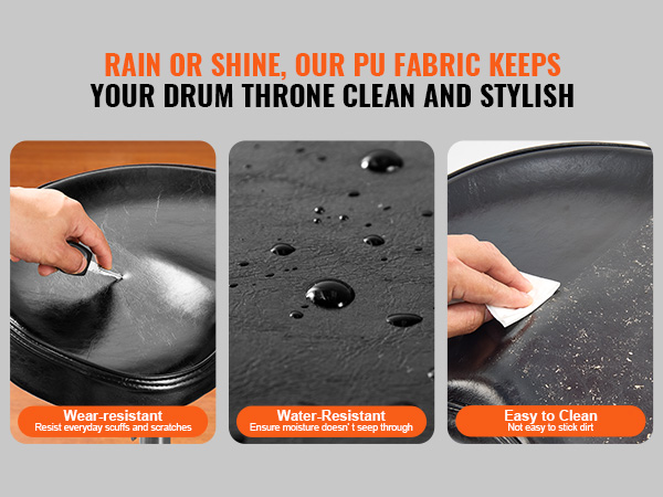 pu fabric for VEVOR drum throne showing wear-resistant, water-resistant, and easy to clean properties.