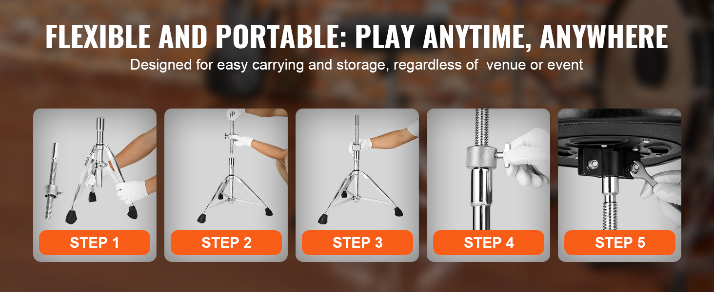 flexible and portable VEVOR drum throne assembly steps for easy carrying and storage, anytime, anywhere.