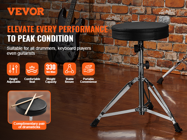 VEVOR drum throne with adjustable height, max 330 lbs, and complimentary drumsticks on wooden floor.