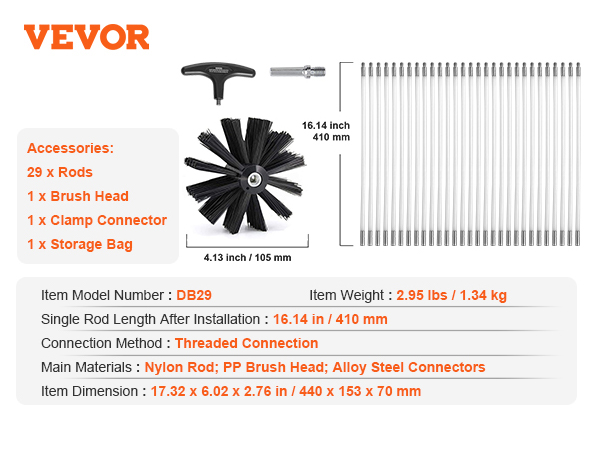 VEVOR dryer vent cleaner kit with 29 rods, brush head, clamp connector, and storage bag.