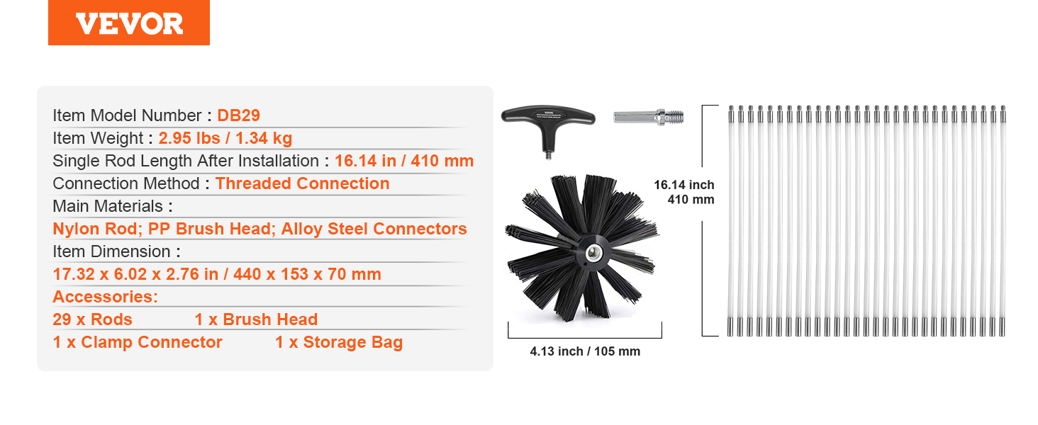 VEVOR dryer vent cleaner kit with 29 rods, brush head, clamp connector, and storage bag.