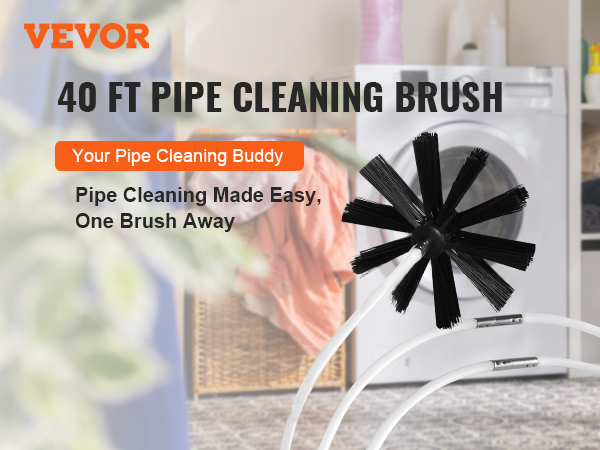 VEVOR dryer vent cleaner kit highlights a 40 ft pipe cleaning brush in a laundry room setup.