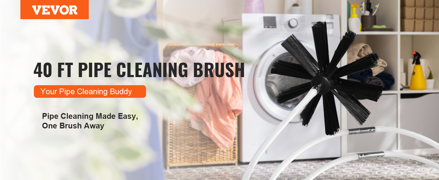 VEVOR dryer vent cleaner kit highlights a 40 ft pipe cleaning brush in a laundry room setup.