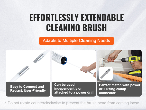 effortlessly extendable brush, perfect for any VEVOR dryer vent cleaner kit, connects to power drill.