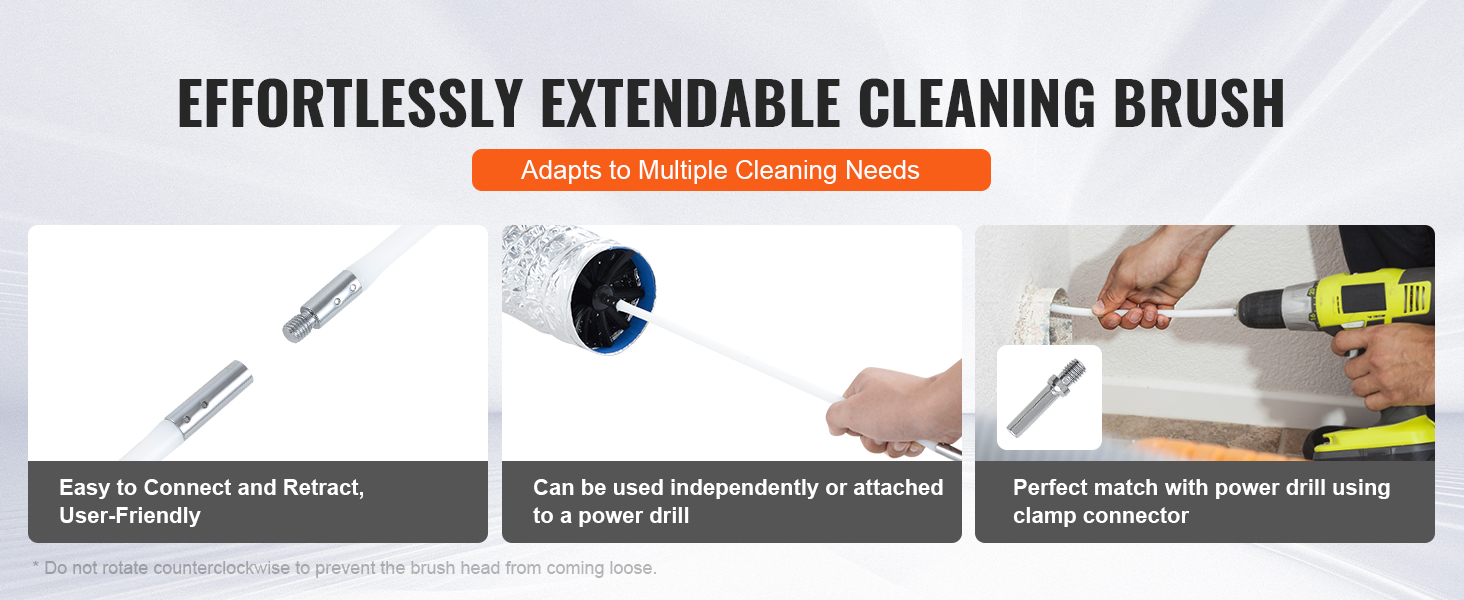 effortlessly extendable brush, perfect for any VEVOR dryer vent cleaner kit, connects to power drill.
