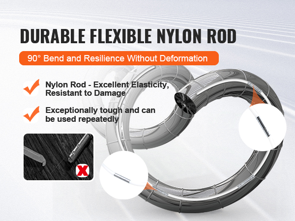 durable, flexible nylon rod demonstrating 90° bend for the VEVOR dryer vent cleaner kit, showcasing resilience.