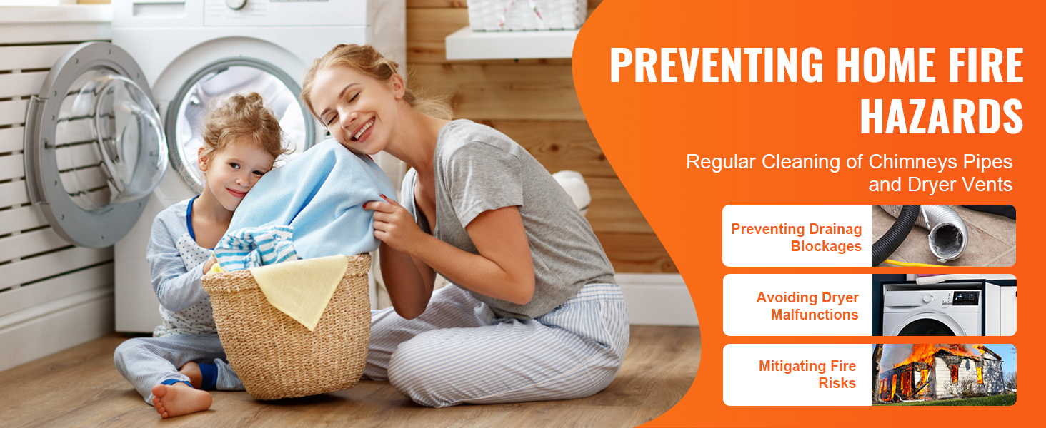 preventing home fire hazards with VEVOR dryer vent cleaner kit, avoiding dryer malfunctions and fire risks.