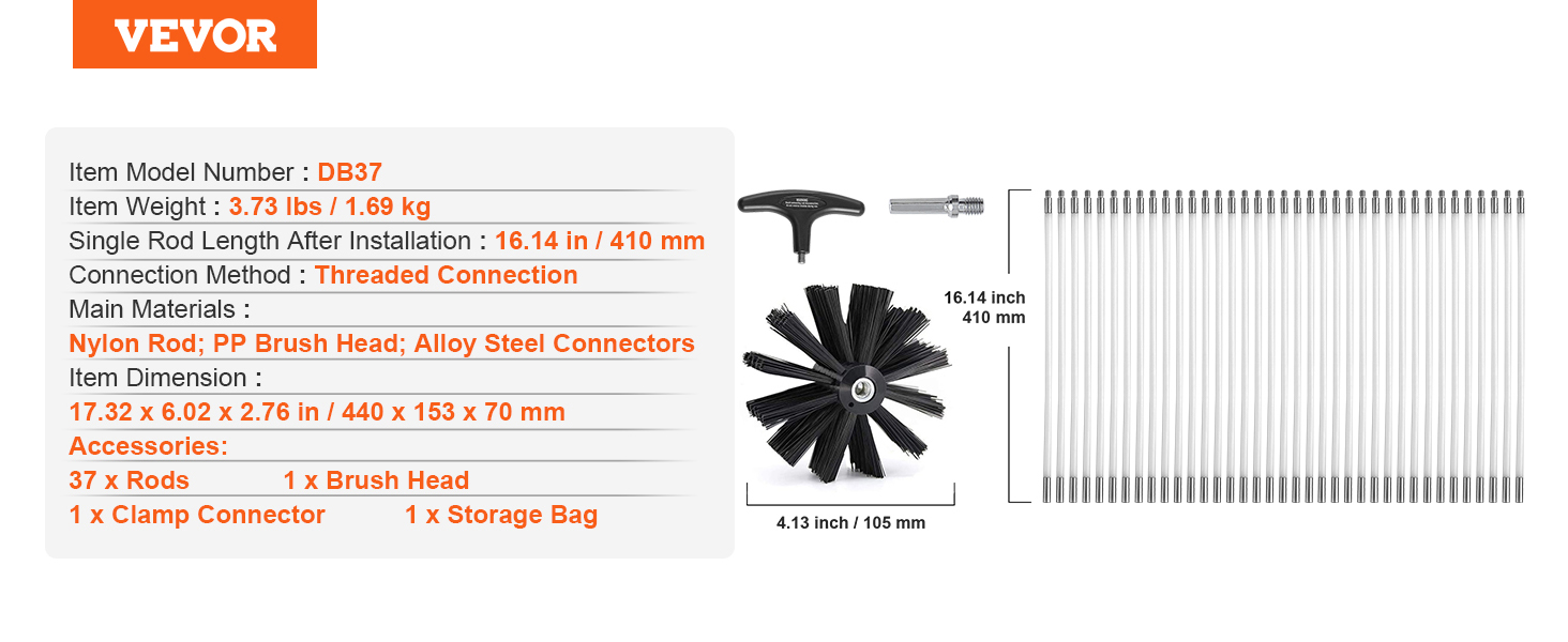 VEVOR dryer vent cleaner kit with 37 rods, brush head, clamp connector, and storage bag.