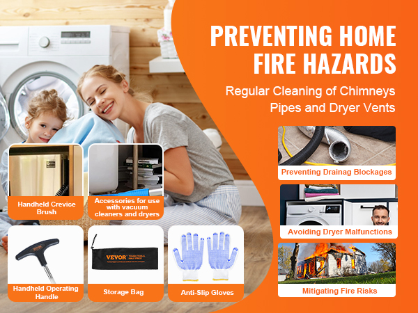preventing fire hazards with VEVOR dryer vent cleaner showcasing cleaning tools and household safety practices.