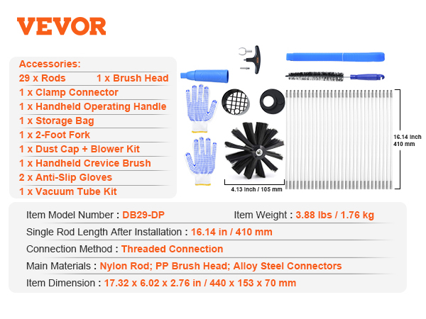 VEVOR dryer vent cleaner kit with rods, brush heads, handles, gloves, and accessories.