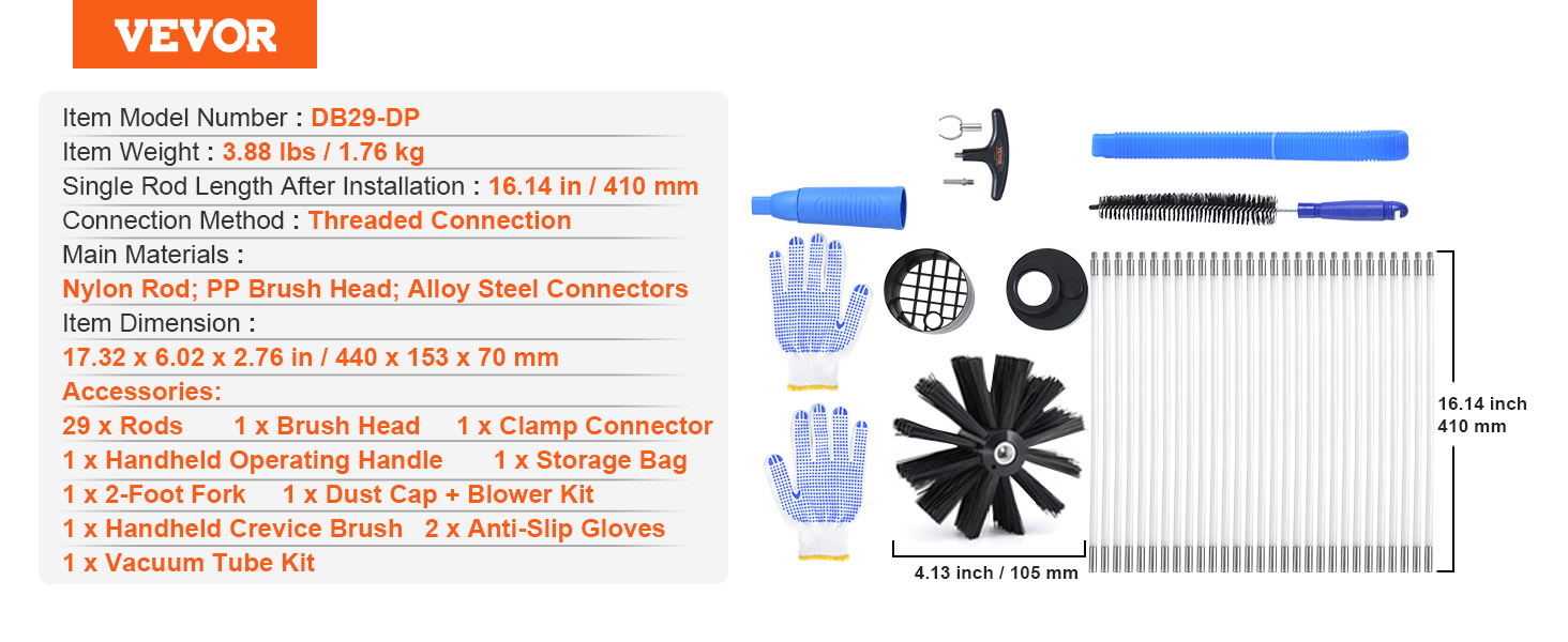 VEVOR dryer vent cleaner kit with rods, brush heads, handles, gloves, and accessories.