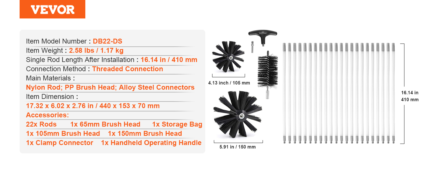 VEVOR dryer vent cleaner kit with 22 rods, multiple brush heads, and storage bag; db22-ds model.