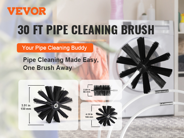 VEVOR dryer vent cleaner kit with 30 ft pipe cleaning brush, various brush sizes, and a washing machine in the background.