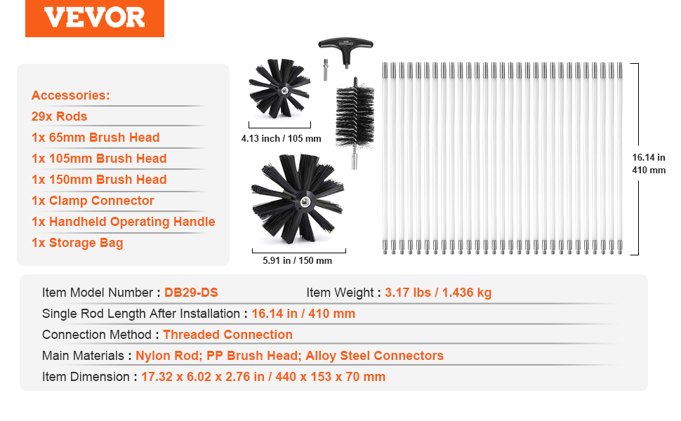 VEVOR dryer vent cleaner kit with 29 rods and brush heads, includes storage bag and clamp connector.