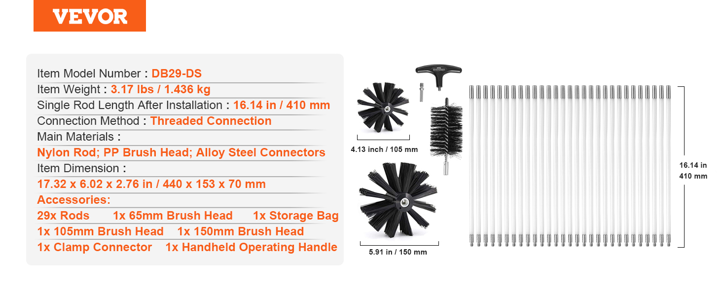 VEVOR dryer vent cleaner kit with 29 rods and brush heads, includes storage bag and clamp connector.