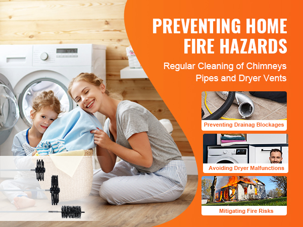 VEVOR dryer vent cleaner kit ad highlights preventing home fire hazards with regular vent cleaning benefits.