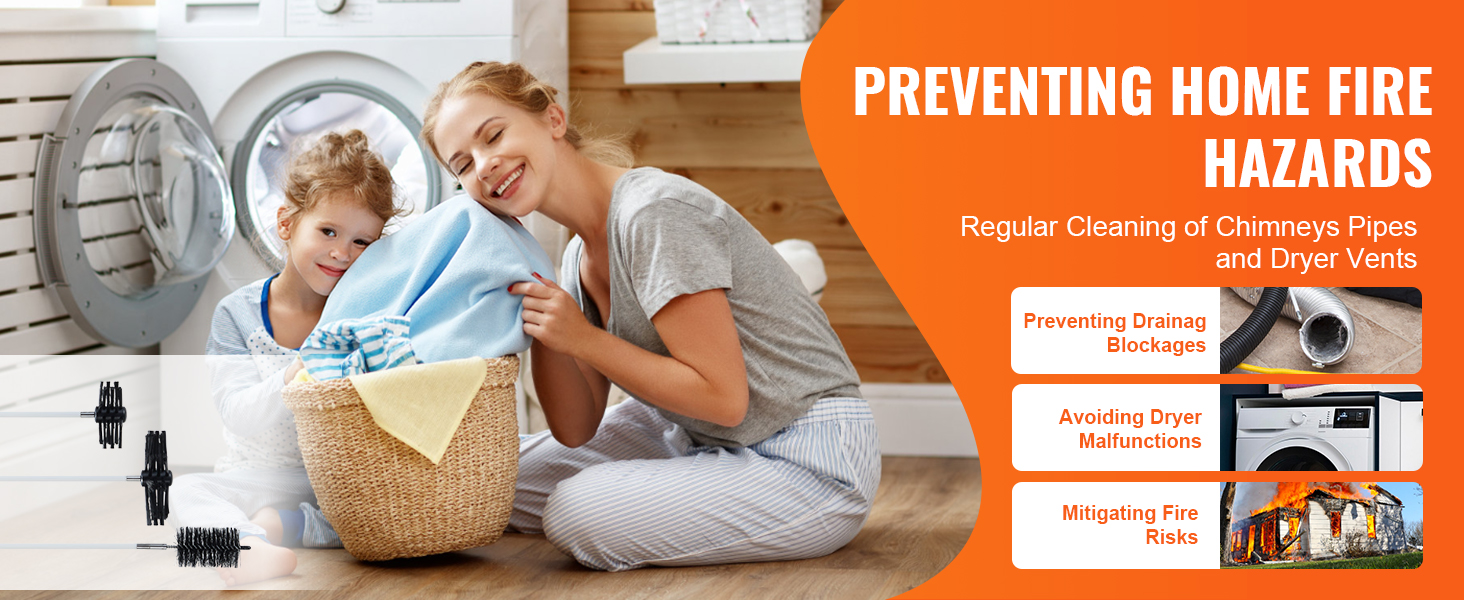 VEVOR dryer vent cleaner kit ad highlights preventing home fire hazards with regular vent cleaning benefits.