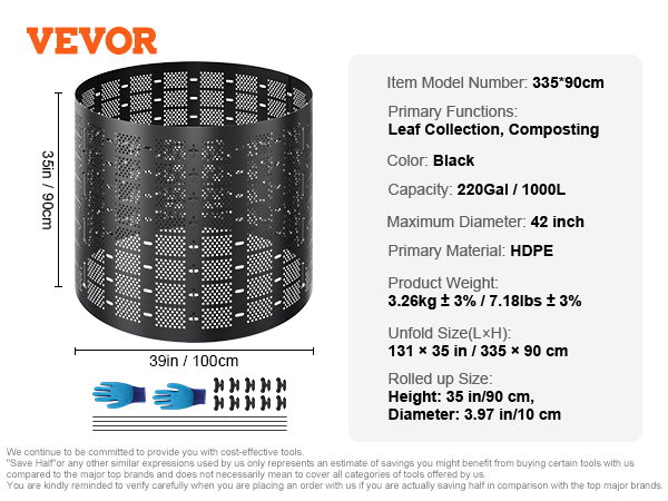 VEVOR compost bin with 220gal capacity, made of black hdpe, for leaf collection and composting.
