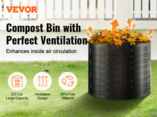 VEVOR compost bin with perfect ventilation and bpa-free material, showcasing 220-gallon capacity.
