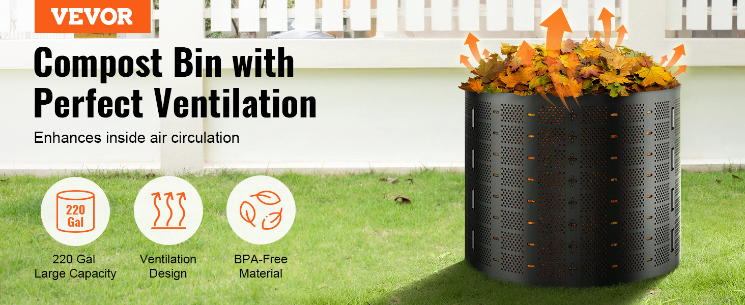 VEVOR compost bin with perfect ventilation and bpa-free material, showcasing 220-gallon capacity.
