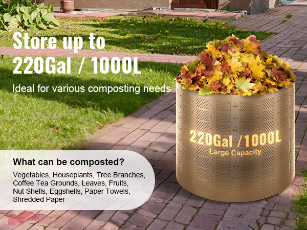 VEVOR compost bin, large 220gal/1000l capacity, ideal for composting leaves, vegetables, and more.
