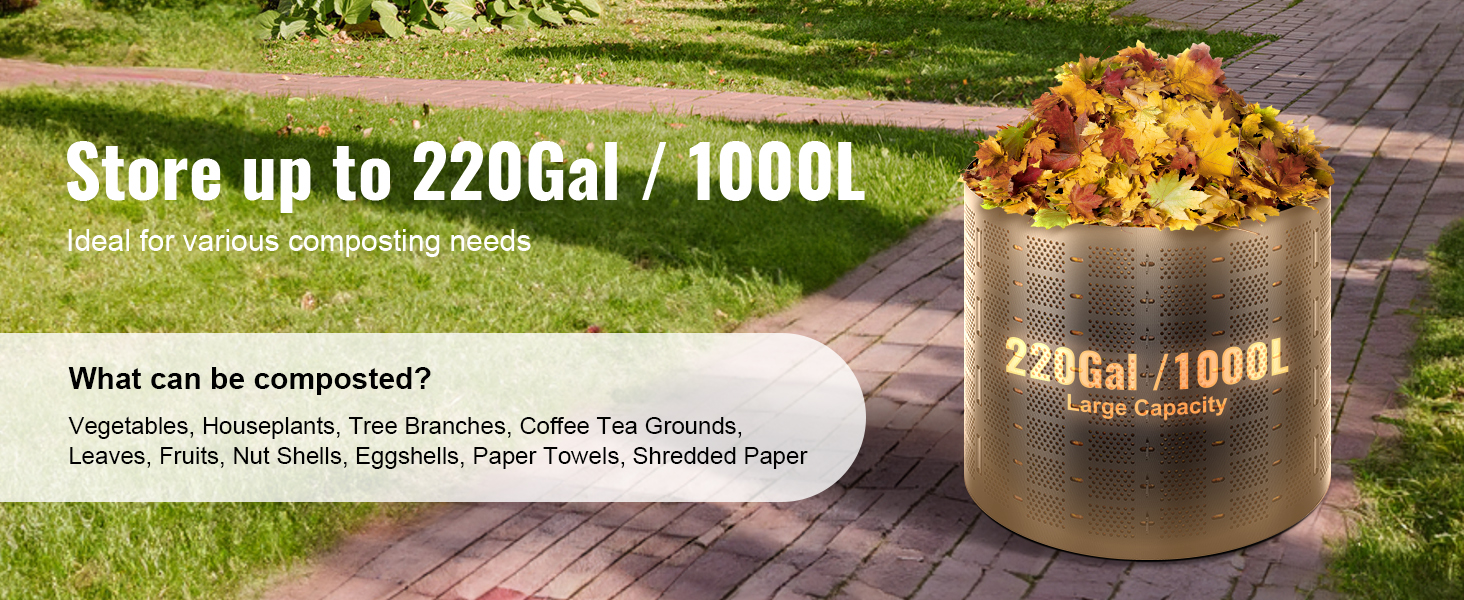 VEVOR compost bin, large 220gal/1000l capacity, ideal for composting leaves, vegetables, and more.