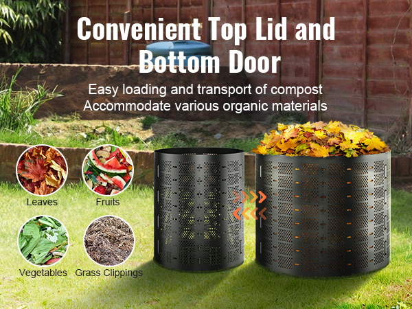 VEVOR compost bin with support poles and connection buckles, filled with leaves, fruits, vegetables, and grass clippings.