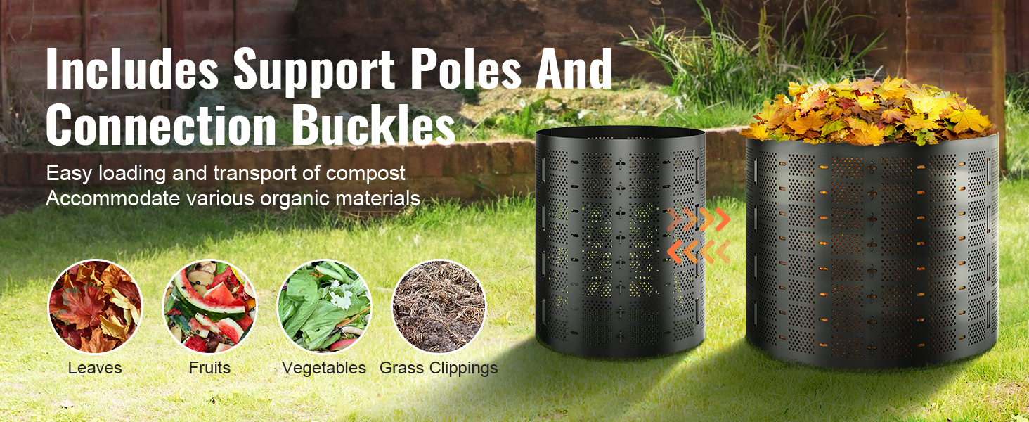 VEVOR compost bin with support poles and connection buckles, filled with leaves, fruits, vegetables, and grass clippings.