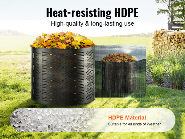 VEVOR compost bin made of heat-resisting hdpe, filled with leaves, outdoors in a grassy area.