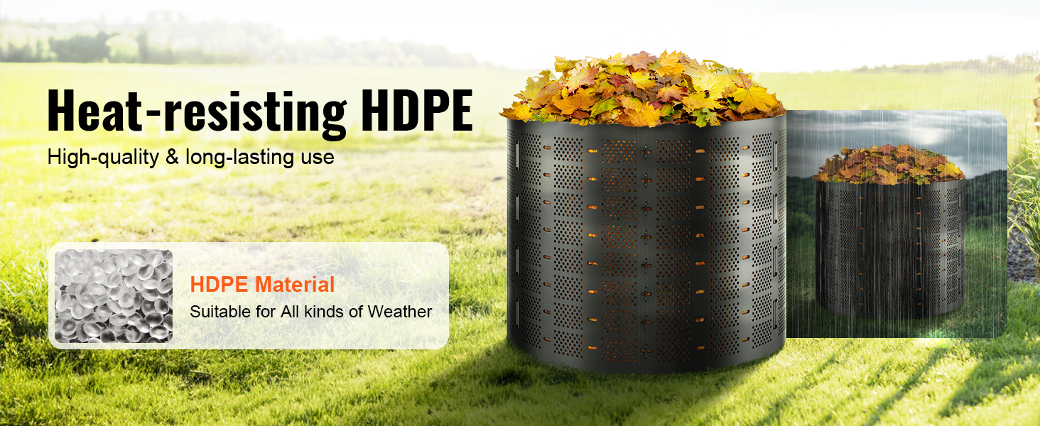 VEVOR compost bin made of heat-resisting hdpe, filled with leaves, outdoors in a grassy area.
