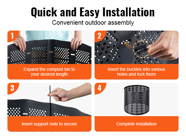 quick and easy installation steps for VEVOR compost bin: expand, insert buckles, secure with rods.