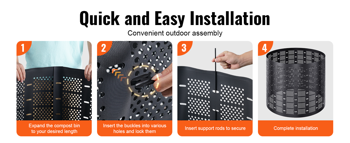 quick and easy installation steps for VEVOR compost bin: expand, insert buckles, secure with rods.