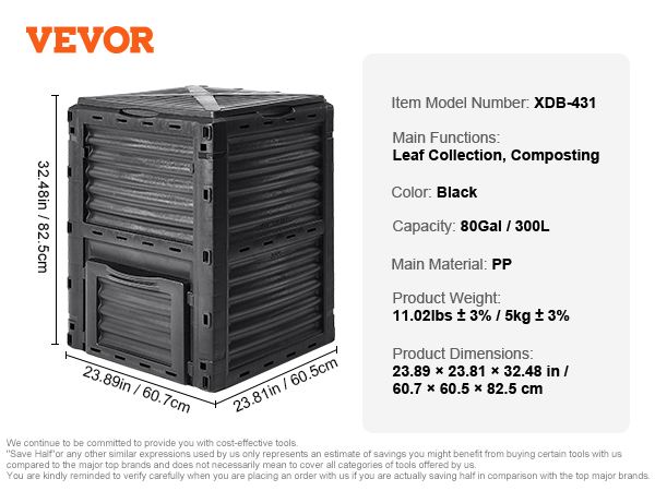 VEVOR garden compost bin, black, 80-gallon capacity, dimensions 23.89 x 23.81 x 32.48 inches.