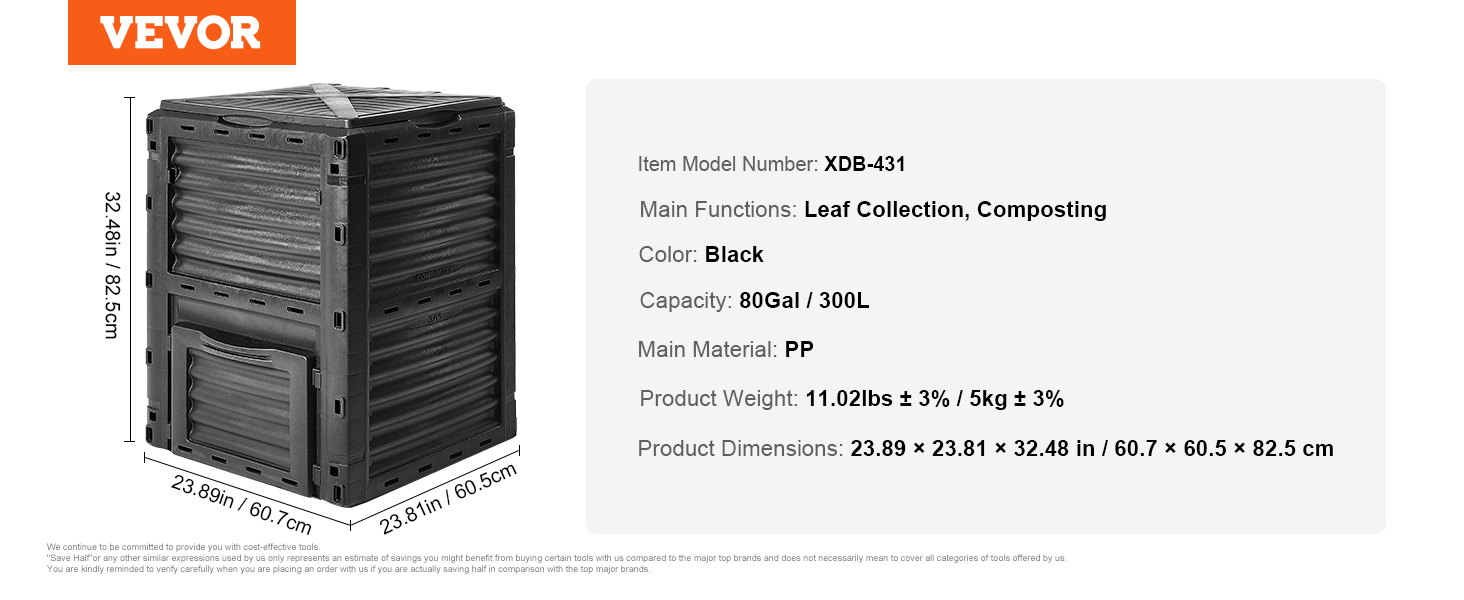 VEVOR garden compost bin, black, 80-gallon capacity, dimensions 23.89 x 23.81 x 32.48 inches.