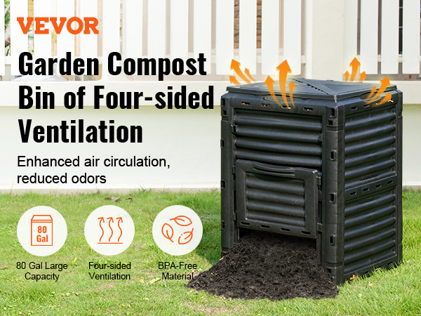 VEVOR garden compost bin with four-sided ventilation, 80-gallon capacity, bpa-free material.