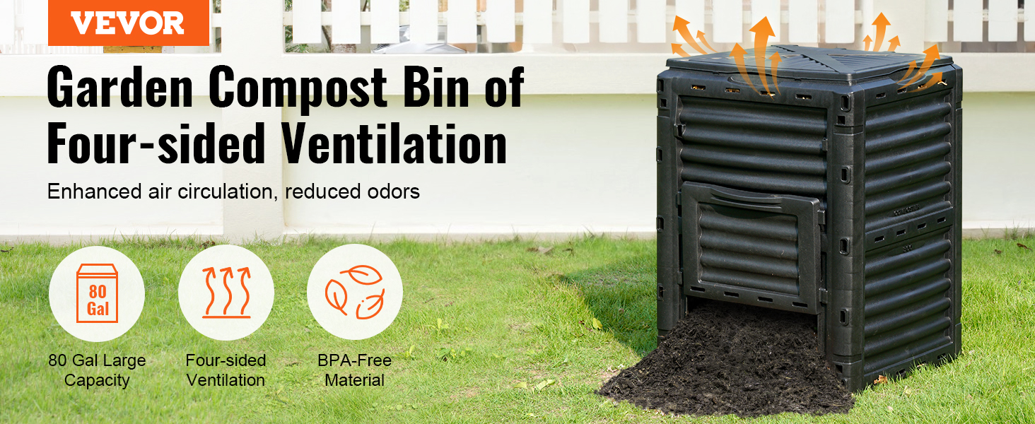 VEVOR garden compost bin with four-sided ventilation, 80-gallon capacity, bpa-free material.