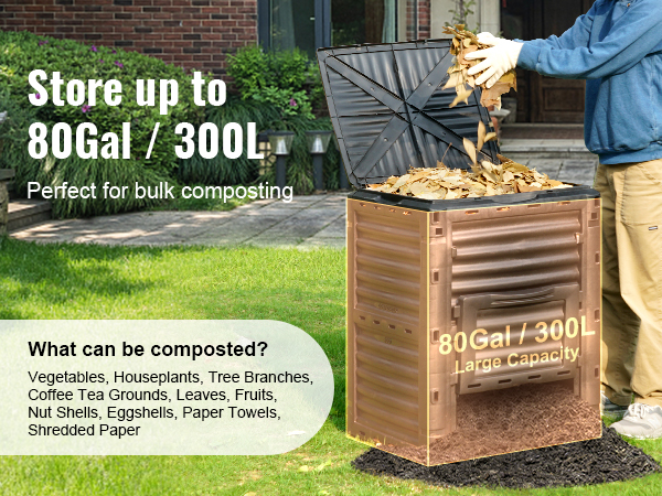 VEVOR garden compost bin with 80gal/300l capacity, perfect for bulk composting of various organic materials.