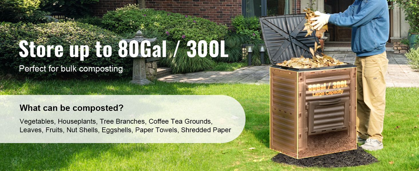 VEVOR garden compost bin with 80gal/300l capacity, perfect for bulk composting of various organic materials.