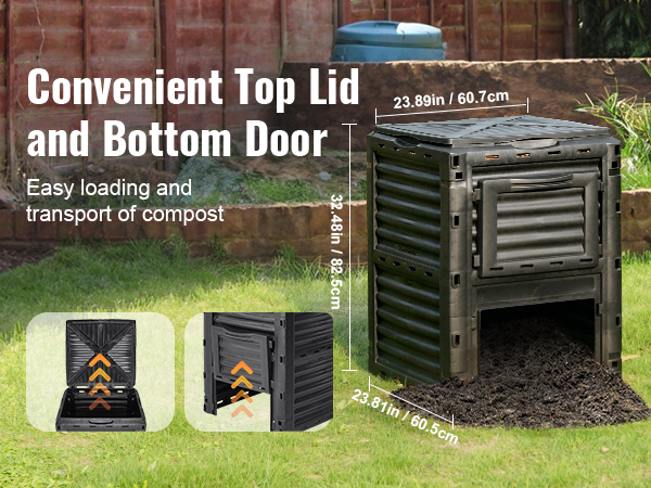 VEVOR garden compost bin in yard with top lid and bottom door, dimensions shown for easy composting.